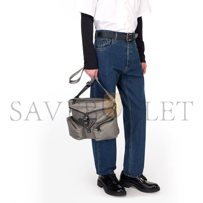PRADA IRON GRAY RE-NYLON AND LEATHER SHOULDER BAG 2VD062 (29*23*15cm) 